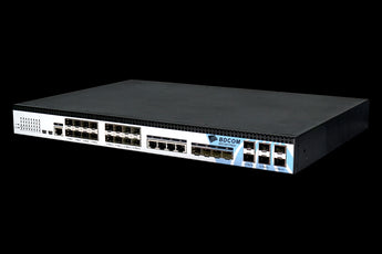 BDCOM P3600-16E: 16-port EPON OLT headend. Rack-mounted unit with dual hot-swap power supplies for reliable network performance.