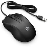 HP 105 Black Wired Optical Mouse with USB connector, ambidextrous design for comfortable use.