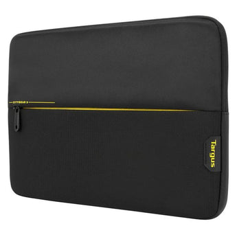Targus CityGear 13.3 inch laptop sleeve in black, with padded interior and zipped front pocket.