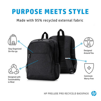 HP Prelude Pro Recycle Backpack for 15.6-inch laptops. Made with recycled materials, adjustable straps.