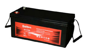 Deltec 12V 200Ah AGM Battery, model DT-12-200AGM. A deep cycle battery designed for frequent charging and discharging, ideal for off-grid power.