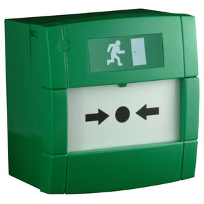Green resettable manual call point. Emergency alarm trigger with key reset function. Used for fire safety and access control.