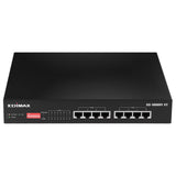 Edimax GS-1008PL-V2: 8-port unmanaged Gigabit PoE+ switch with long-range support and DIP switch for extended reach.
