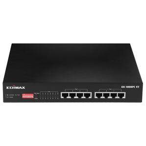 Edimax GS-1008PL-V2: 8-port unmanaged Gigabit PoE+ switch with long-range support and DIP switch for extended reach.