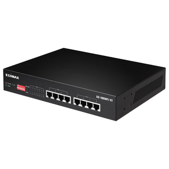 Edimax GS-1008PL-V2: 8-port unmanaged Gigabit PoE+ switch with long-range support and DIP switch for extended reach.
