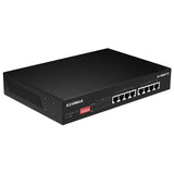 Edimax GS-1008PL-V2: 8-port unmanaged Gigabit PoE+ switch with long-range support and DIP switch for extended reach.