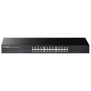 Edimax GS-1026-V3: 24 port unmanaged gigabit switch with 2 SFP ports for high-speed network connectivity.