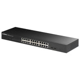 Edimax GS-1026-V3: 24 port unmanaged gigabit switch with 2 SFP ports for high-speed network connectivity.