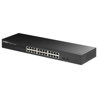 Edimax GS-1026-V3: 24 port unmanaged gigabit switch with 2 SFP ports for high-speed network connectivity.