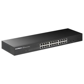 Edimax GS-1026-V3: 24 port unmanaged gigabit switch with 2 SFP ports for high-speed network connectivity.
