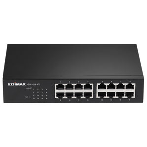 Edimax GS-1016-V2: 16-port unmanaged gigabit switch. Metal housing, rack-mountable. Provides fast Ethernet connectivity for small to medium networks.