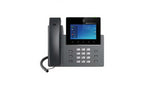 Grandstream GXV3450 IP video phone featuring a 5-inch touch screen, 16 lines, tiltable camera, and Android OS interface.