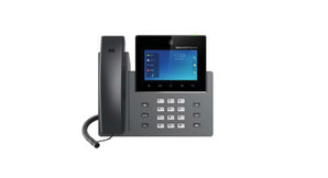 Grandstream GXV3450 IP video phone featuring a 5-inch touch screen, 16 lines, tiltable camera, and Android OS interface.