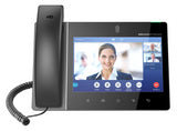 Grandstream GXV3480 IP Video Phone with a large color touchscreen displaying video conferencing interface, physical dialpad, and Gigabit Ethernet ports.
