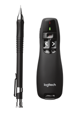 Logitech R400 wireless presenter remote with red laser pointer for seamless slideshow control during meetings.