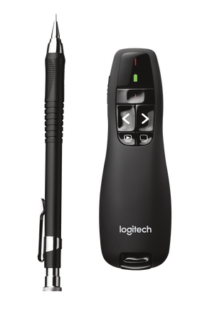 Logitech R400 wireless presenter remote with red laser pointer for seamless slideshow control during meetings.
