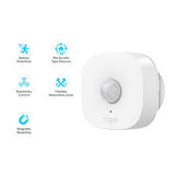 TP-Link Tapo T100 smart motion sensor; small white device detects movement for home security and automation when used with a Tapo Hub.
