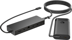 HP Universal USB-C Hub and Laptop Charger Combo with 7 ports for power and data.