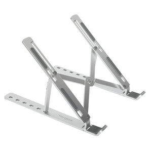 Targus Adjustable Portable Ergostand AWE810GL in brushed nickel finish, supporting a laptop.