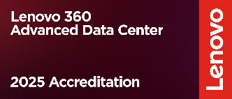 Lenovo 360 Advanced Data Center 2025 Accreditation logo on a red background