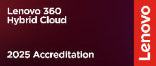 A dark maroon square graphic with white text reading 'Lenovo 360 Hybrid Cloud' and '2025 Accreditation,' plus a vertical Lenovo logo on the right.