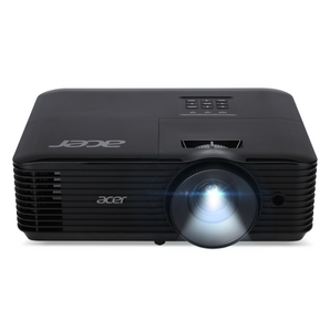 Acer X1328WI DLP WXGA projector displaying a bright presentation. Includes a carrying bag for portability. Model MR.JTW11.004