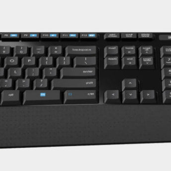 Logitech MK345 wireless keyboard and mouse combo, black, full-size with palm rest.