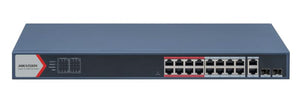 Hikvision L2 Smart Managed Switch 16 10/100M RJ45 PoE ports 2 Gigabit combo ports 802.3af/at PoE power budget 230W Max. 300 meter long distance PoE transmission