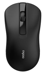 Rapoo B20 Silent Wireless Optical Mouse showing ergonomic design and available colors.