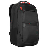 Targus Strike2 Gaming Backpack for 17-inch laptops, black, featuring multiple compartments and headset loop.