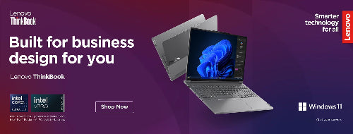 Promotional banner for Lenovo ThinkBook laptops on a purple gradient background, showing two silver laptops, one open and one closed, with Lenovo and Windows 11 branding and feature callouts.
