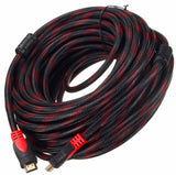 Coiled HDMI cable with black and red braided sheathing on a white background