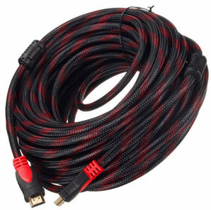 Coiled HDMI cable with black and red braided sheathing on a white background